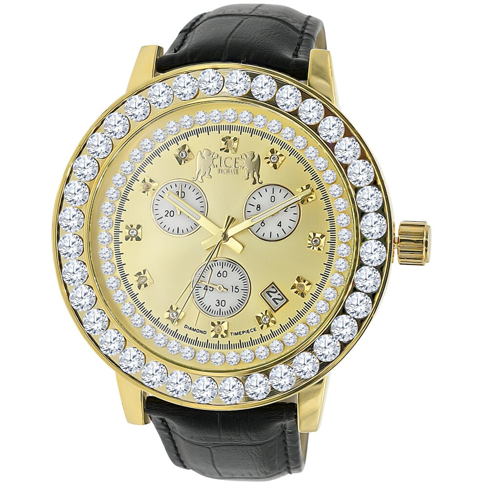 Men's Real Diamond Dial Channel Set Solitaire Bezel Solid Steel Back 5 ATM Water Resistant 18K Gold Finish Genuine Leather Band Watch 55mm