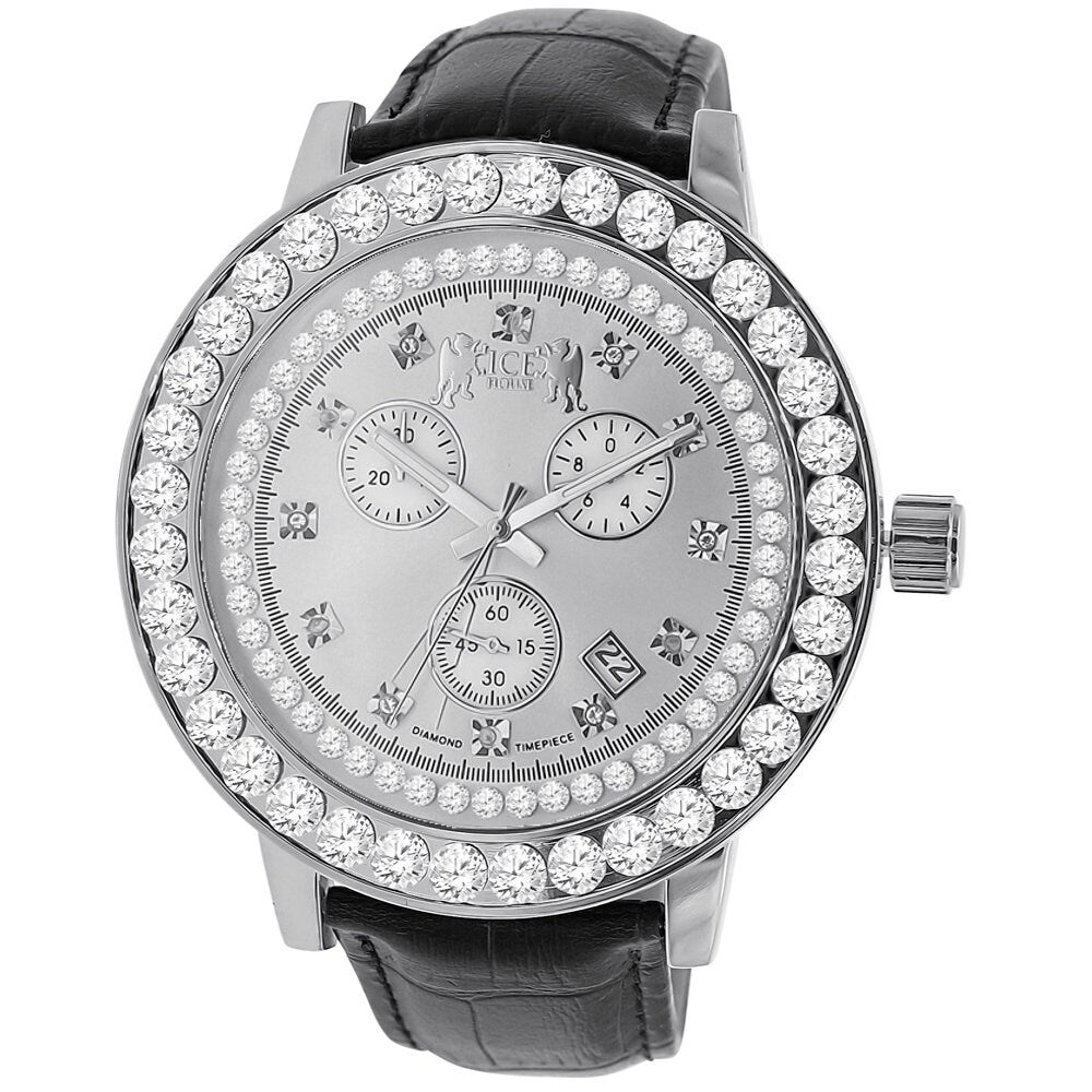 Men's Real Diamond Dial Channel Set Solitaire Bezel Solid Steel Back 5 ATM Water Resistant 18K Gold Finish Genuine Leather Band Watch 55mm