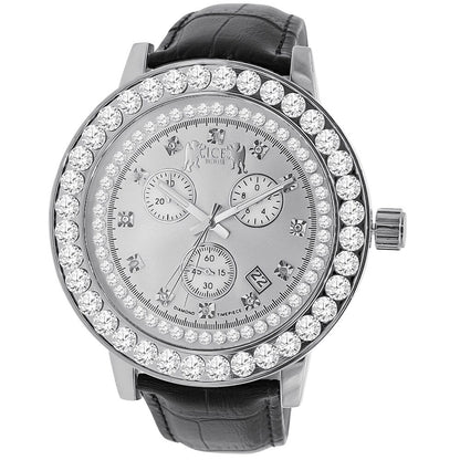 Men's Real Diamond Dial Channel Set Solitaire Bezel Solid Steel Back 5 ATM Water Resistant 18K Gold Finish Genuine Leather Band Watch 55mm