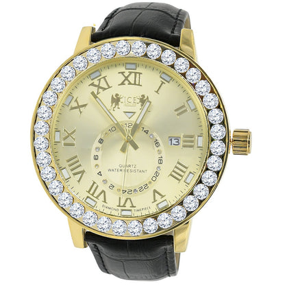 Roman Numeral Dial Simulated Diamond Channel Set Solitaire Bezel Solid Steel Back 18K Gold Finish Genuine Leather Band Men's Watch Big 55mm