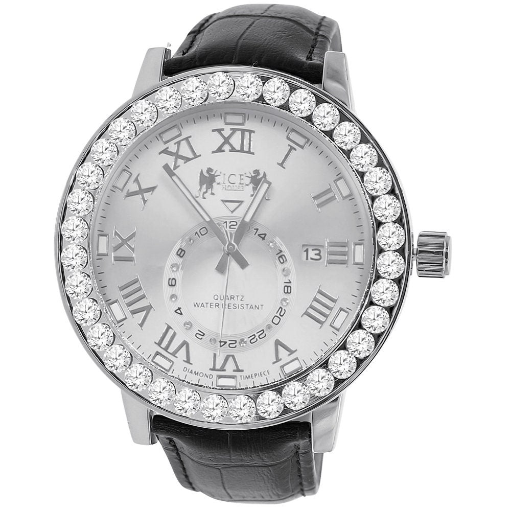 Roman Numeral Dial Simulated Diamond Channel Set Solitaire Bezel Solid Steel Back 18K Gold Finish Genuine Leather Band Men's Watch Big 55mm