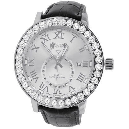 Roman Numeral Dial Simulated Diamond Channel Set Solitaire Bezel Solid Steel Back 18K Gold Finish Genuine Leather Band Men's Watch Big 55mm