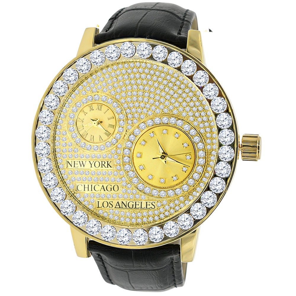 2 Time Zone Working Chronograph Men's Channel Set Solitaire Bezel Simulated Diamond Steel Back 18K Gold Tone Genuine Leather Band Watch 55mm