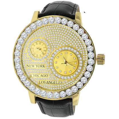 2 Time Zone Working Chronograph Men's Channel Set Solitaire Bezel Simulated Diamond Steel Back 18K Gold Tone Genuine Leather Band Watch 55mm