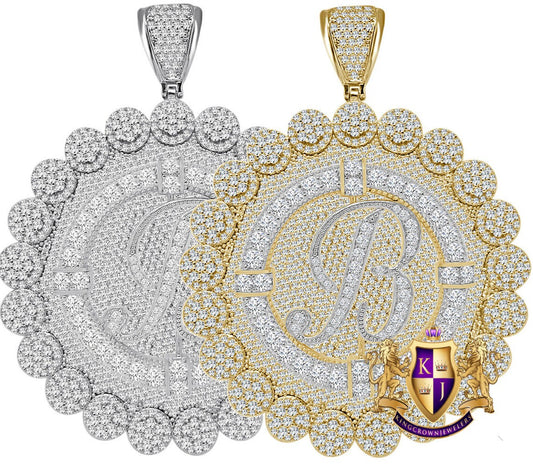 85+ Grams Big Jumbo 3.75'' 8.00 Cwt. Simulated Diamond Cursive Initial Letter Alphabet "B" Men's Custom Flower Pendant Charm Round Medallion