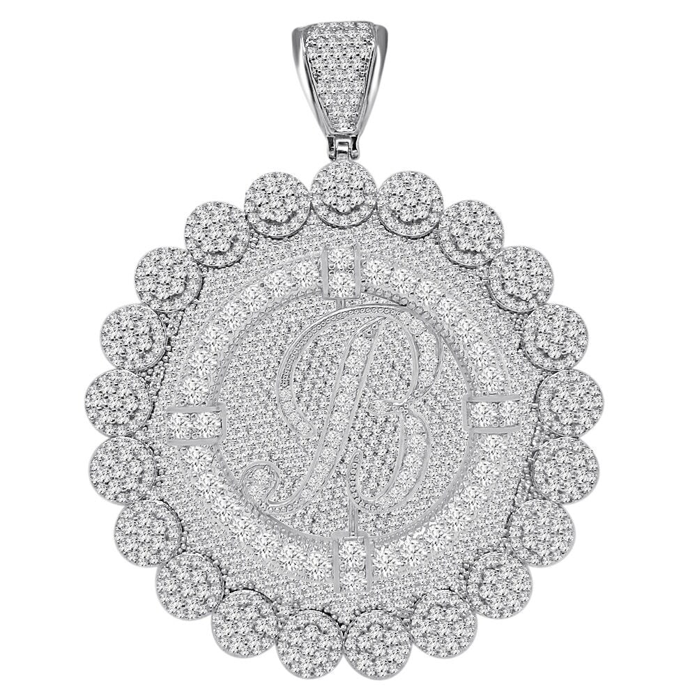 85+ Grams Big Jumbo 3.75'' 8.00 Cwt. Simulated Diamond Cursive Initial Letter Alphabet "B" Men's Custom Flower Pendant Charm Round Medallion
