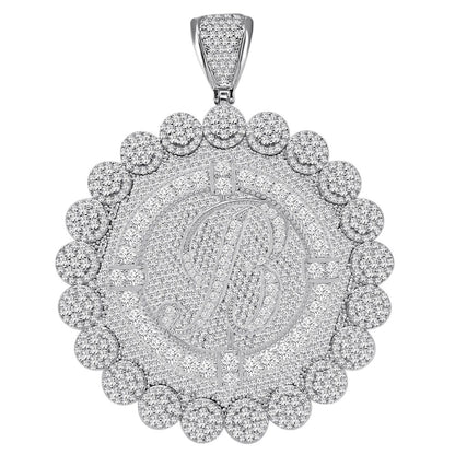 85+ Grams Big Jumbo 3.75'' 8.00 Cwt. Simulated Diamond Cursive Initial Letter Alphabet "B" Men's Custom Flower Pendant Charm Round Medallion