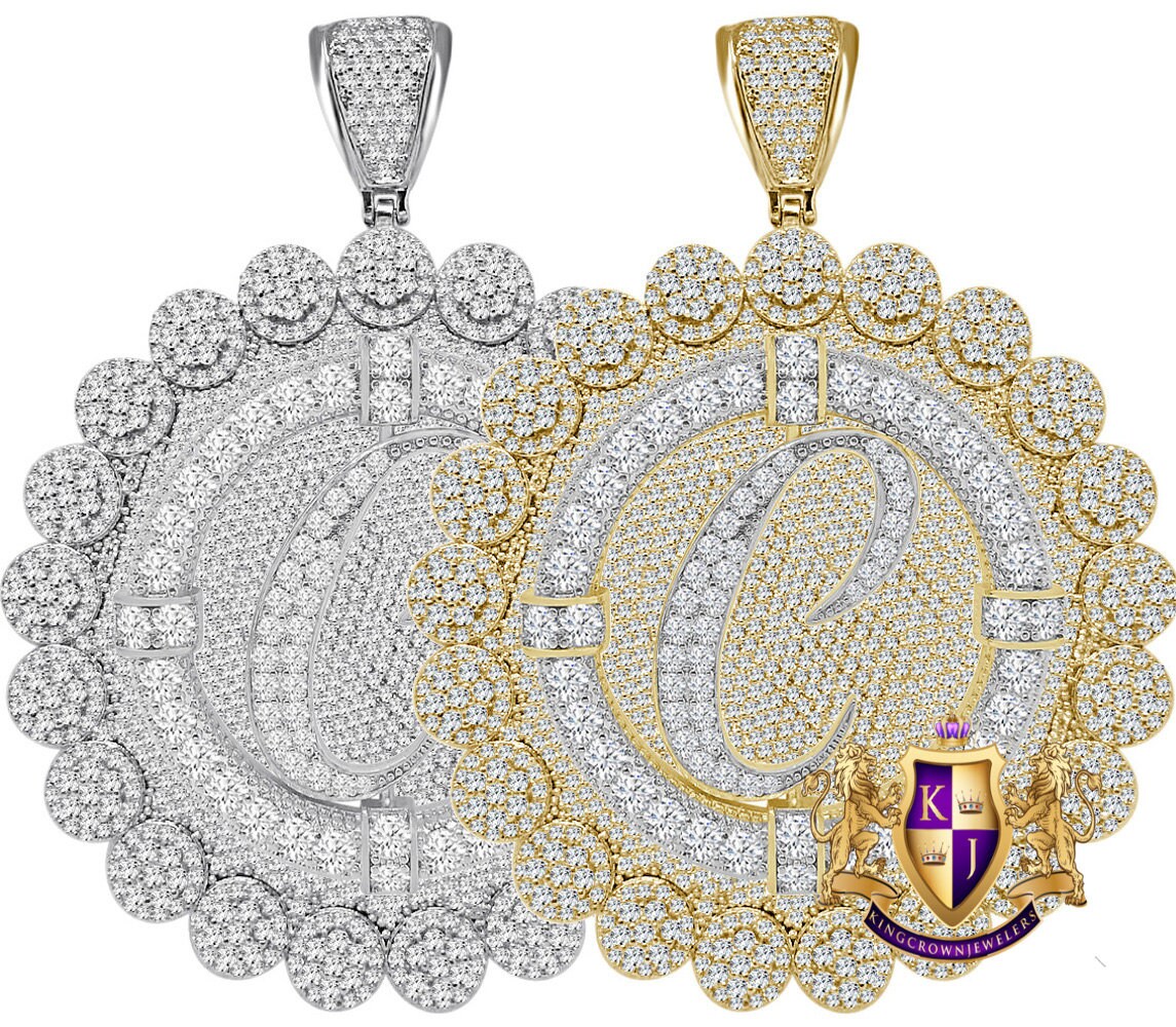 85+ Grams Big Jumbo 3.75'' 8.00 Cwt. Simulated Diamond Cursive Initial Letter Alphabet "C" Men's Custom Flower Pendant Charm Round Medallion