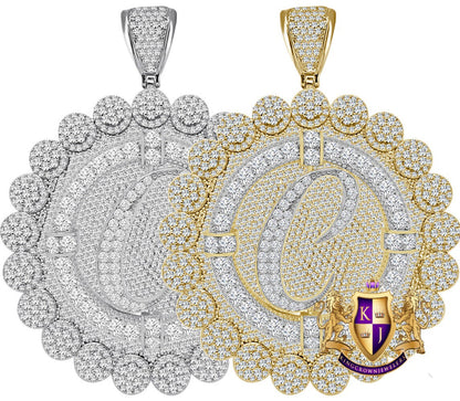 85+ Grams Big Jumbo 3.75'' 8.00 Cwt. Simulated Diamond Cursive Initial Letter Alphabet "C" Men's Custom Flower Pendant Charm Round Medallion