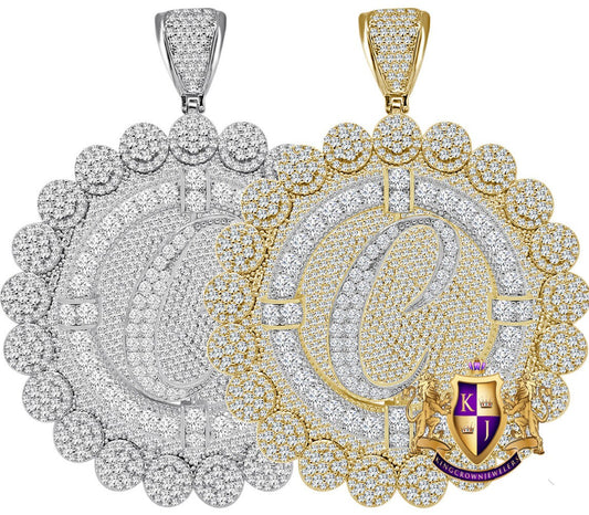 85+ Grams Big Jumbo 3.75'' 8.00 Cwt. Simulated Diamond Cursive Initial Letter Alphabet "C" Men's Custom Flower Pendant Charm Round Medallion
