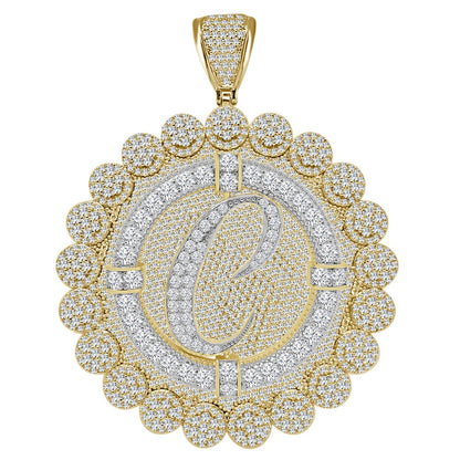 85+ Grams Big Jumbo 3.75'' 8.00 Cwt. Simulated Diamond Cursive Initial Letter Alphabet "C" Men's Custom Flower Pendant Charm Round Medallion