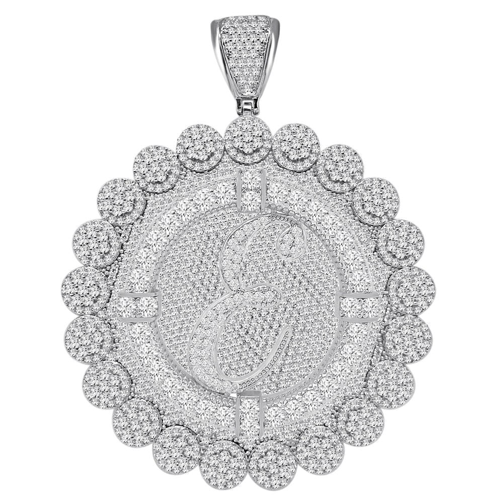 85+ Grams Big Jumbo 3.75'' 8.00 Cwt. Simulated Diamond Cursive Initial Letter Alphabet "E" Men's Custom Flower Pendant Charm Round Medallion