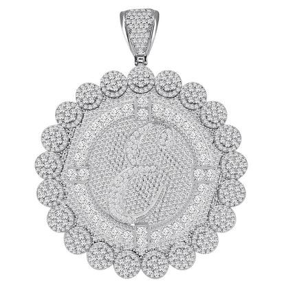 85+ Grams Big Jumbo 3.75'' 8.00 Cwt. Simulated Diamond Cursive Initial Letter Alphabet "E" Men's Custom Flower Pendant Charm Round Medallion