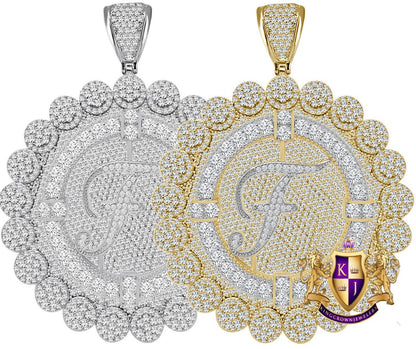 85+ Grams Big Jumbo 3.75'' 8.00 Cwt. Simulated Diamond Cursive Initial Letter Alphabet "F" Men's Custom Flower Pendant Charm Round Medallion