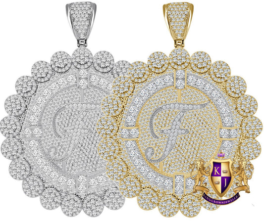 85+ Grams Big Jumbo 3.75'' 8.00 Cwt. Simulated Diamond Cursive Initial Letter Alphabet "F" Men's Custom Flower Pendant Charm Round Medallion