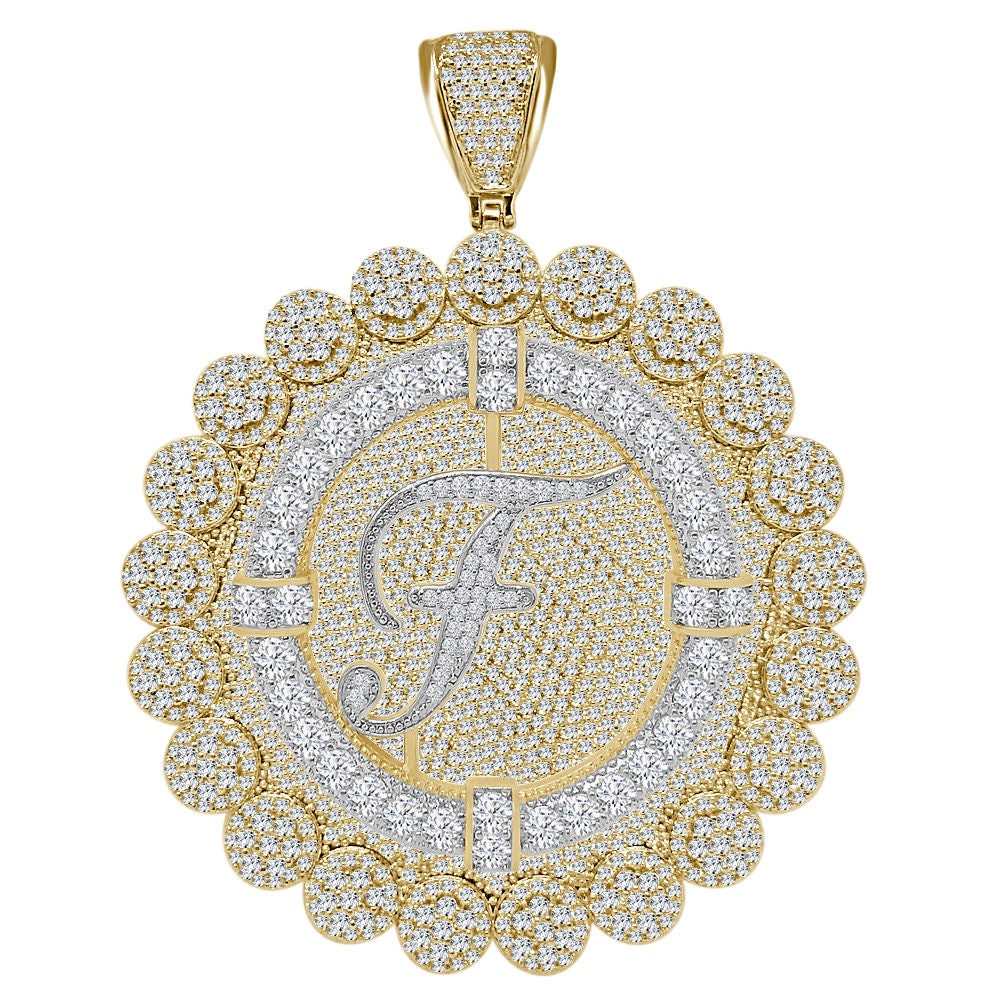 85+ Grams Big Jumbo 3.75'' 8.00 Cwt. Simulated Diamond Cursive Initial Letter Alphabet "F" Men's Custom Flower Pendant Charm Round Medallion