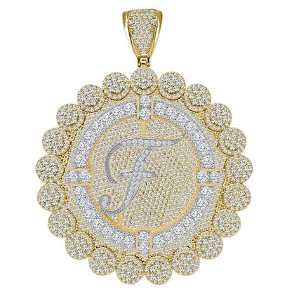 85+ Grams Big Jumbo 3.75'' 8.00 Cwt. Simulated Diamond Cursive Initial Letter Alphabet "F" Men's Custom Flower Pendant Charm Round Medallion