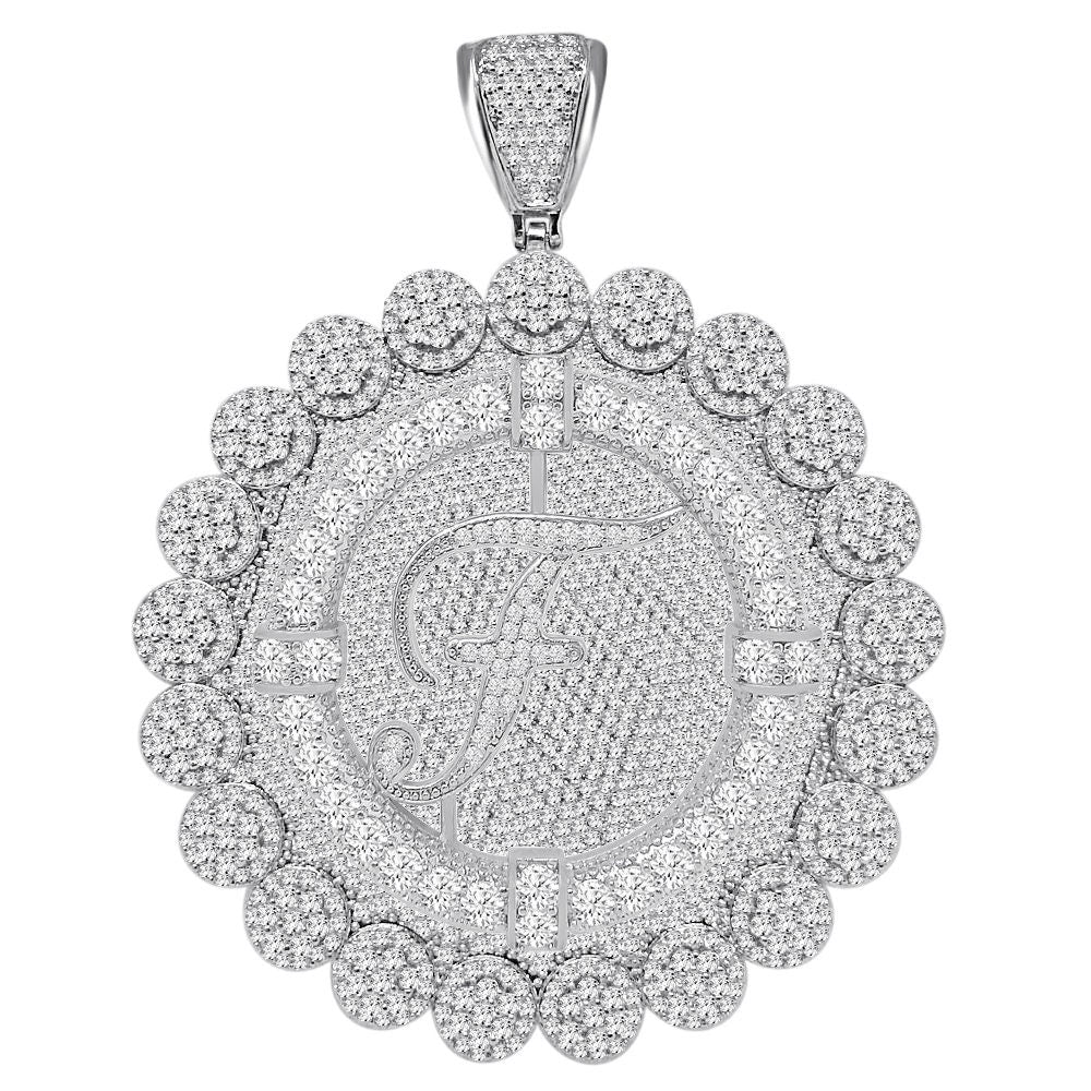 85+ Grams Big Jumbo 3.75'' 8.00 Cwt. Simulated Diamond Cursive Initial Letter Alphabet "F" Men's Custom Flower Pendant Charm Round Medallion