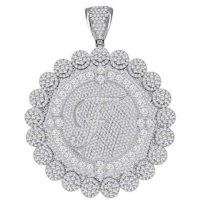 85+ Grams Big Jumbo 3.75'' 8.00 Cwt. Simulated Diamond Cursive Initial Letter Alphabet "F" Men's Custom Flower Pendant Charm Round Medallion