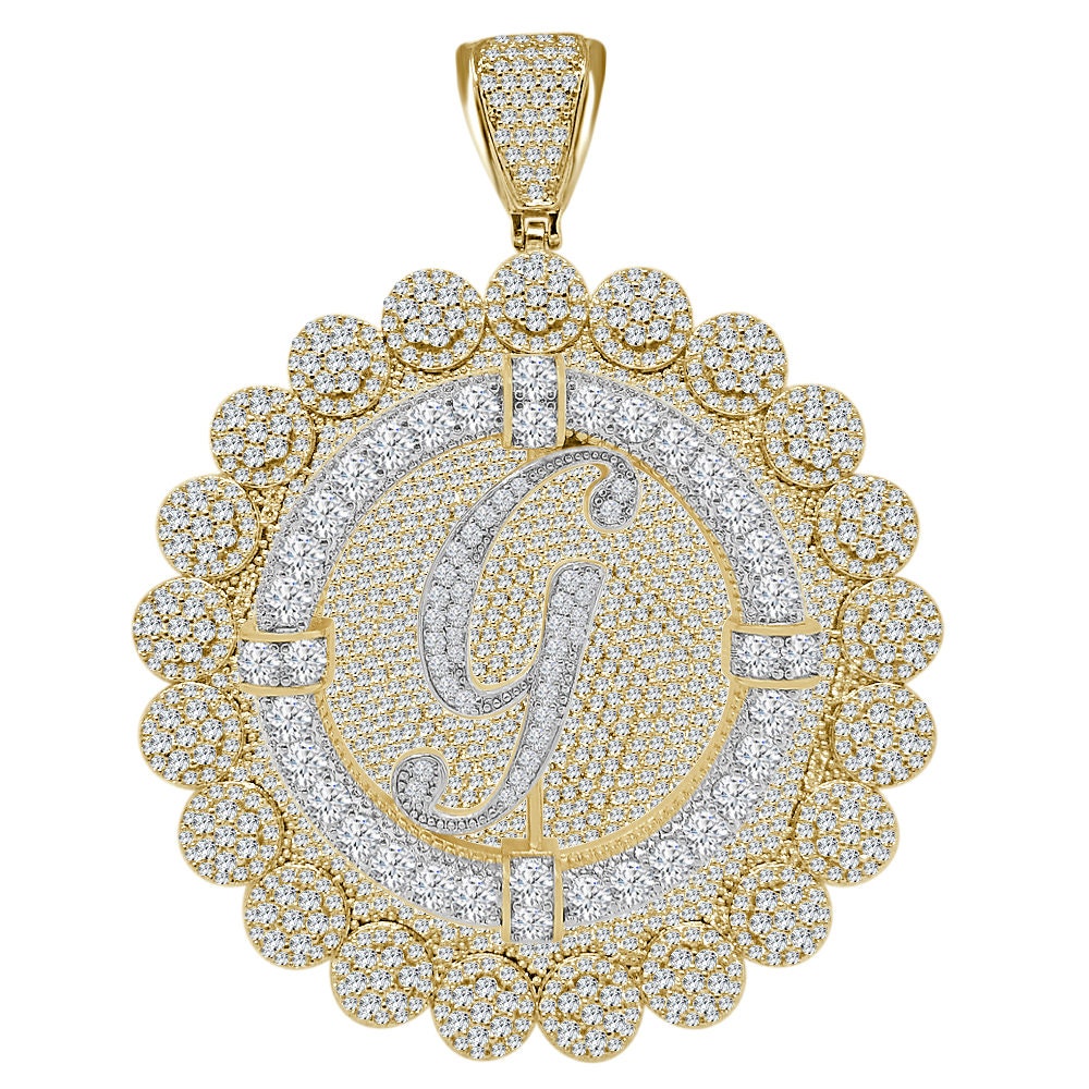85+ Grams Big Jumbo 3.75'' 8.00 Cwt. Simulated Diamond Cursive Initial Letter Alphabet "G" Men's Custom Flower Pendant Charm Round Medallion