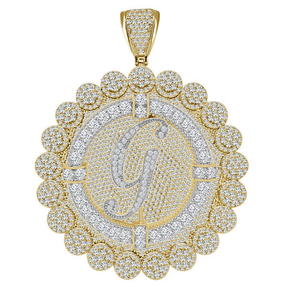 85+ Grams Big Jumbo 3.75'' 8.00 Cwt. Simulated Diamond Cursive Initial Letter Alphabet "G" Men's Custom Flower Pendant Charm Round Medallion