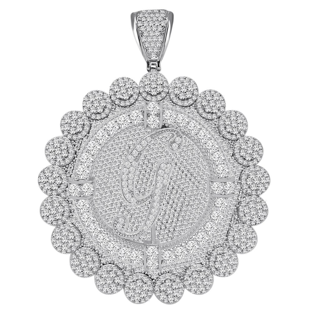 85+ Grams Big Jumbo 3.75'' 8.00 Cwt. Simulated Diamond Cursive Initial Letter Alphabet "G" Men's Custom Flower Pendant Charm Round Medallion