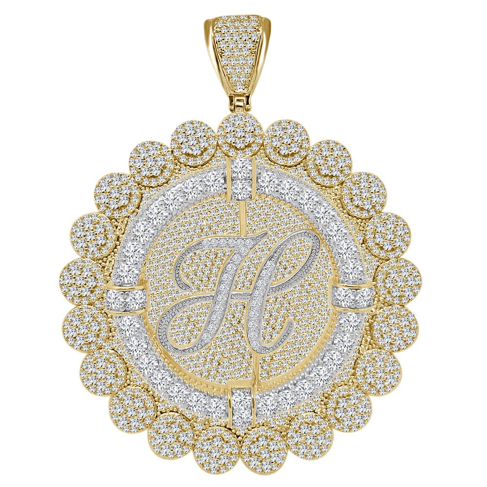 85+ Grams Big Jumbo 3.75'' 8.00 Cwt. Simulated Diamond Cursive Initial Letter Alphabet "H" Men's Custom Flower Pendant Charm Round Medallion