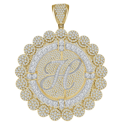 85+ Grams Big Jumbo 3.75'' 8.00 Cwt. Simulated Diamond Cursive Initial Letter Alphabet "H" Men's Custom Flower Pendant Charm Round Medallion