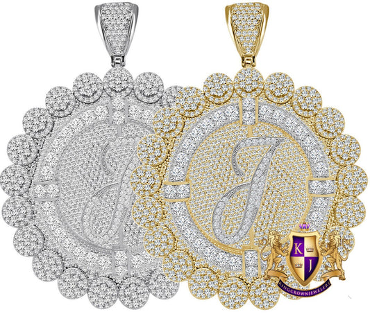 85+ Grams Big Jumbo 3.75'' 8.00 Cwt. Simulated Diamond Cursive Initial Letter Alphabet "J" Men's Custom Flower Pendant Charm Round Medallion