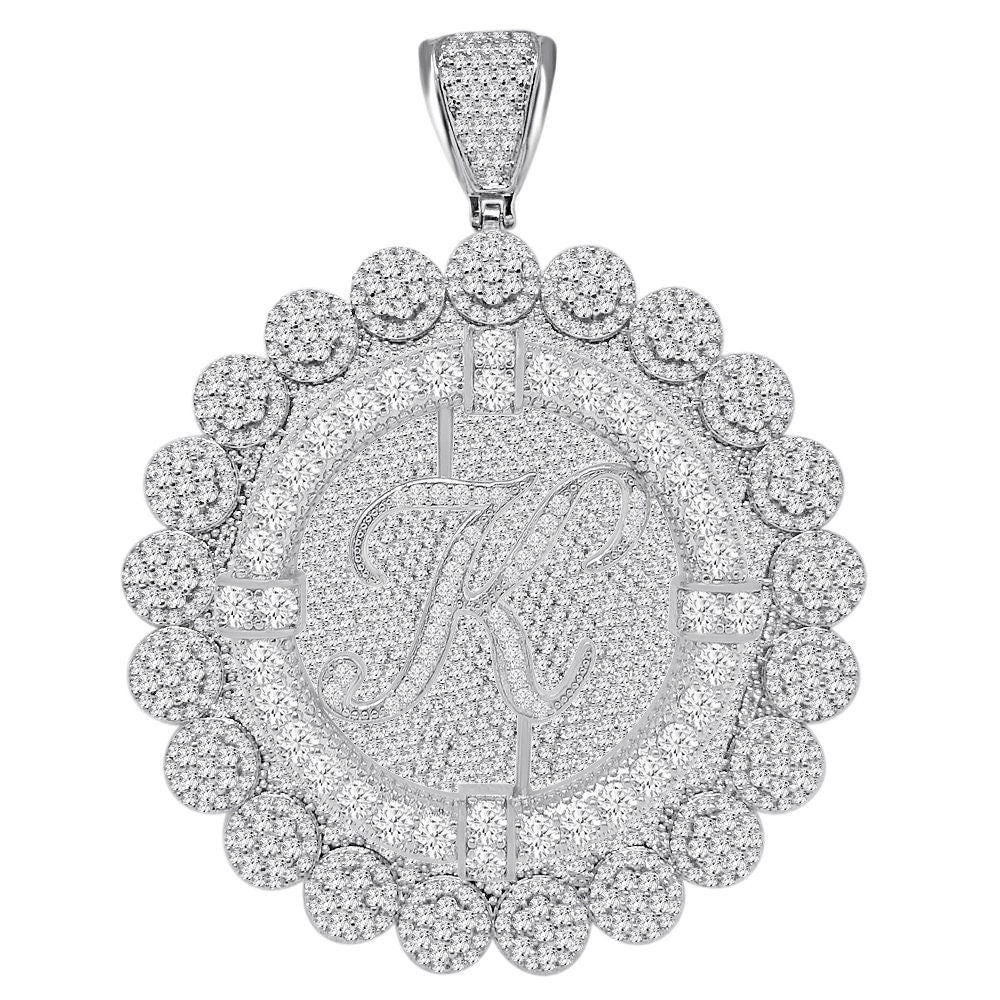 85+ Grams Big Jumbo 3.75'' 8.00 Cwt. Simulated Diamond Cursive Initial Letter Alphabet "K" Men's Custom Flower Pendant Charm Round Medallion