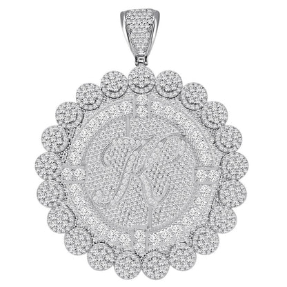 85+ Grams Big Jumbo 3.75'' 8.00 Cwt. Simulated Diamond Cursive Initial Letter Alphabet "K" Men's Custom Flower Pendant Charm Round Medallion