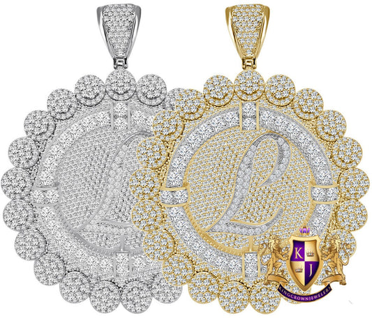85+ Grams Big Jumbo 3.75'' 8.00 Cwt. Simulated Diamond Cursive Initial Letter Alphabet "L" Men's Custom Flower Pendant Charm Round Medallion