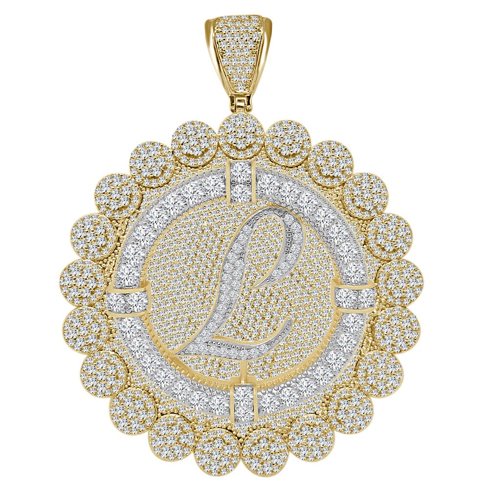 85+ Grams Big Jumbo 3.75'' 8.00 Cwt. Simulated Diamond Cursive Initial Letter Alphabet "L" Men's Custom Flower Pendant Charm Round Medallion