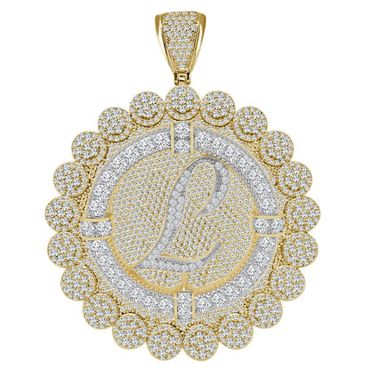 85+ Grams Big Jumbo 3.75'' 8.00 Cwt. Simulated Diamond Cursive Initial Letter Alphabet "L" Men's Custom Flower Pendant Charm Round Medallion