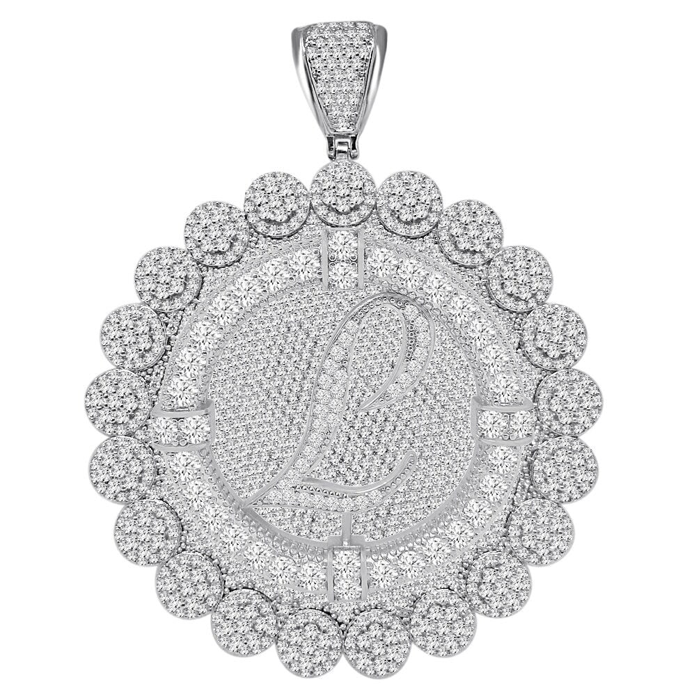 85+ Grams Big Jumbo 3.75'' 8.00 Cwt. Simulated Diamond Cursive Initial Letter Alphabet "L" Men's Custom Flower Pendant Charm Round Medallion