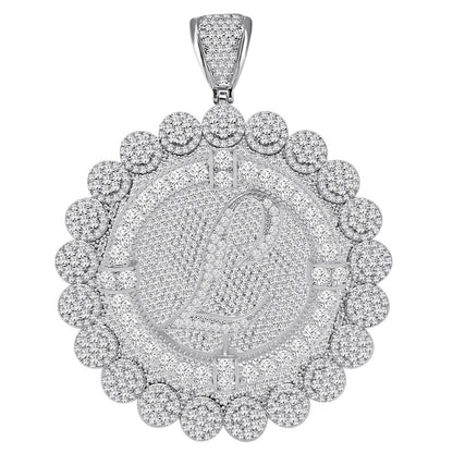 85+ Grams Big Jumbo 3.75'' 8.00 Cwt. Simulated Diamond Cursive Initial Letter Alphabet "L" Men's Custom Flower Pendant Charm Round Medallion