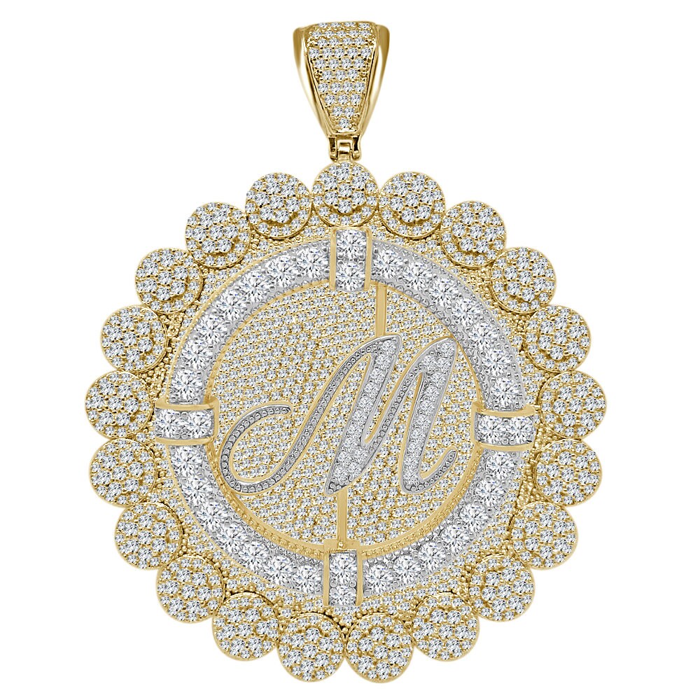 85+ Grams Big Jumbo 3.75'' 8.00 Cwt. Simulated Diamond Cursive Initial Letter Alphabet "M" Men's Custom Flower Pendant Charm Round Medallion