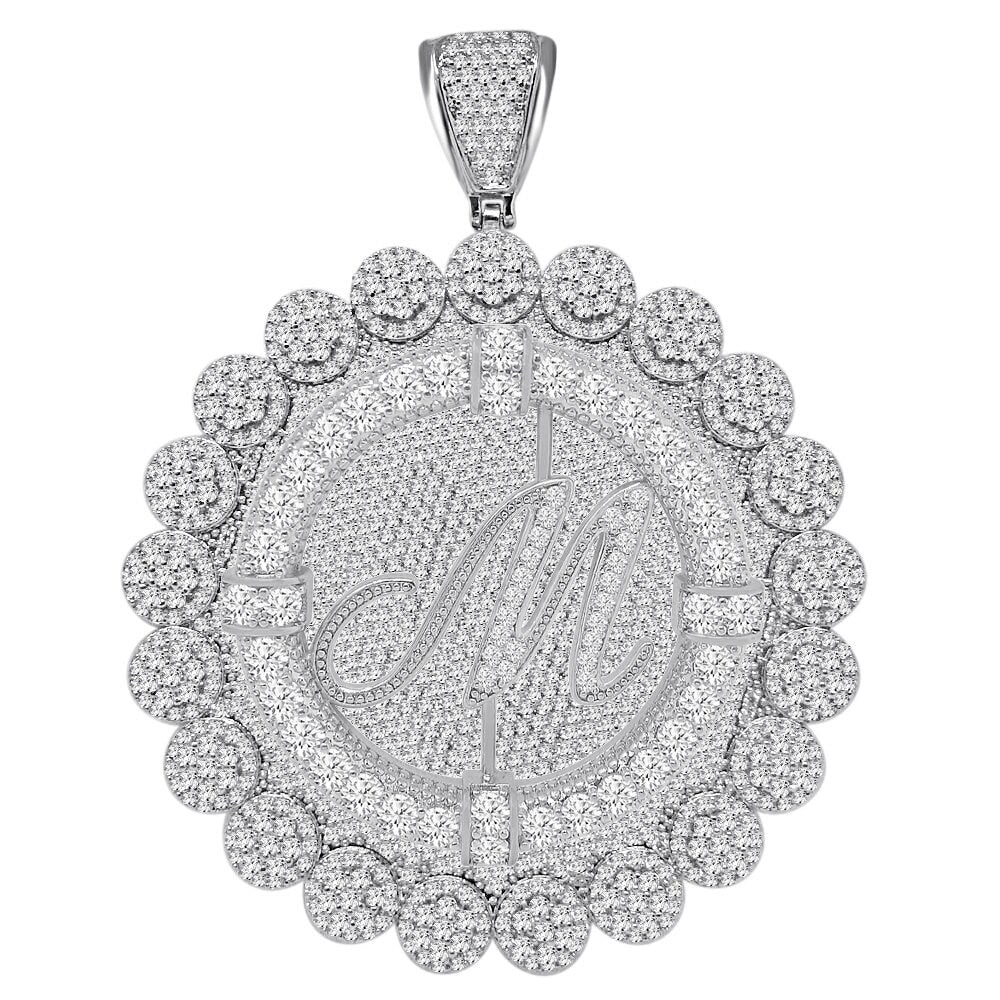 85+ Grams Big Jumbo 3.75'' 8.00 Cwt. Simulated Diamond Cursive Initial Letter Alphabet "M" Men's Custom Flower Pendant Charm Round Medallion