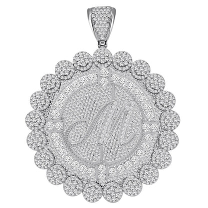 85+ Grams Big Jumbo 3.75'' 8.00 Cwt. Simulated Diamond Cursive Initial Letter Alphabet "M" Men's Custom Flower Pendant Charm Round Medallion