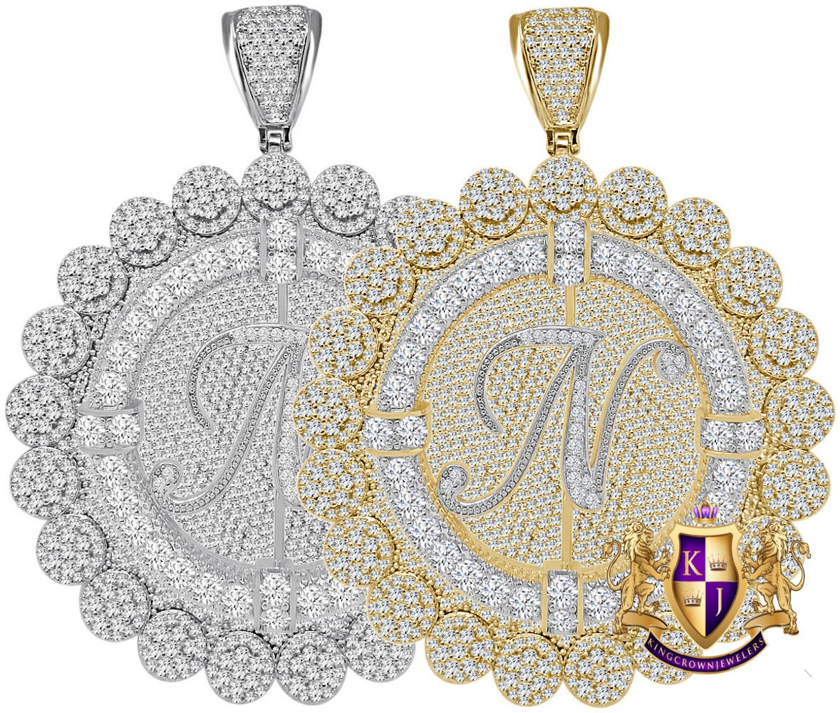 85+ Grams Big Jumbo 3.75'' 8.00 Cwt. Simulated Diamond Cursive Initial Letter Alphabet "N" Men's Custom Flower Pendant Charm Round Medallion