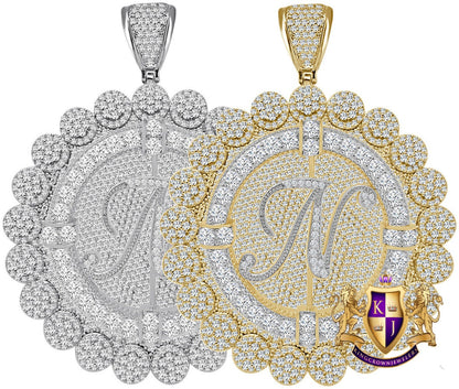 85+ Grams Big Jumbo 3.75'' 8.00 Cwt. Simulated Diamond Cursive Initial Letter Alphabet "N" Men's Custom Flower Pendant Charm Round Medallion