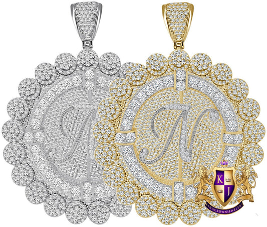 85+ Grams Big Jumbo 3.75'' 8.00 Cwt. Simulated Diamond Cursive Initial Letter Alphabet "N" Men's Custom Flower Pendant Charm Round Medallion