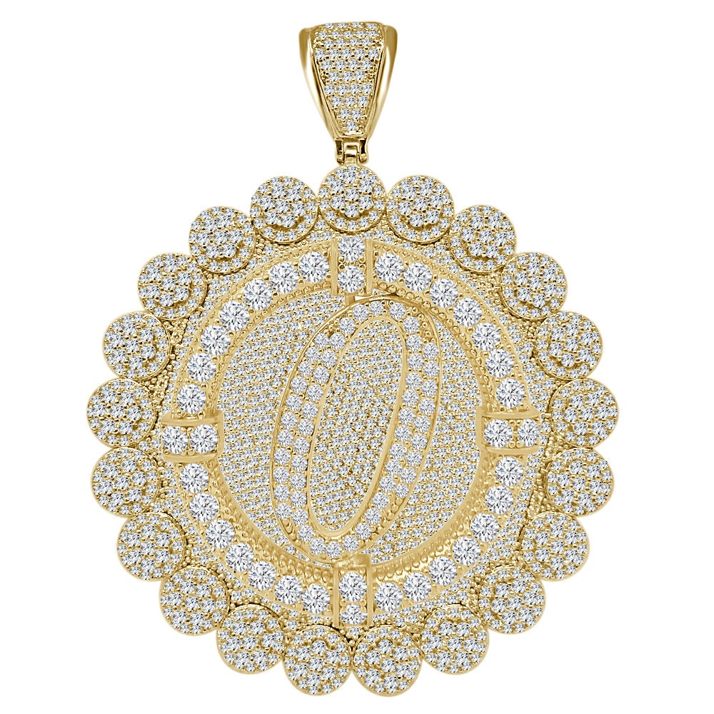 85+ Grams Big Jumbo 3.75'' 8.00 Cwt. Simulated Diamond Cursive Initial Letter Alphabet "O" Men's Custom Flower Pendant Charm Round Medallion