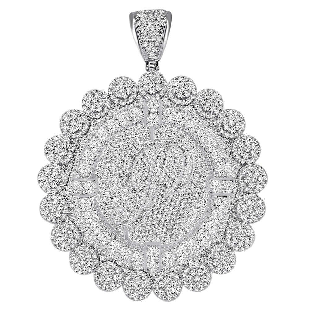 85+ Grams Big Jumbo 3.75'' 8.00 Cwt. Simulated Diamond Cursive Initial Letter Alphabet "P" Men's Custom Flower Pendant Charm Round Medallion