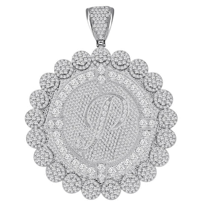 85+ Grams Big Jumbo 3.75'' 8.00 Cwt. Simulated Diamond Cursive Initial Letter Alphabet "P" Men's Custom Flower Pendant Charm Round Medallion