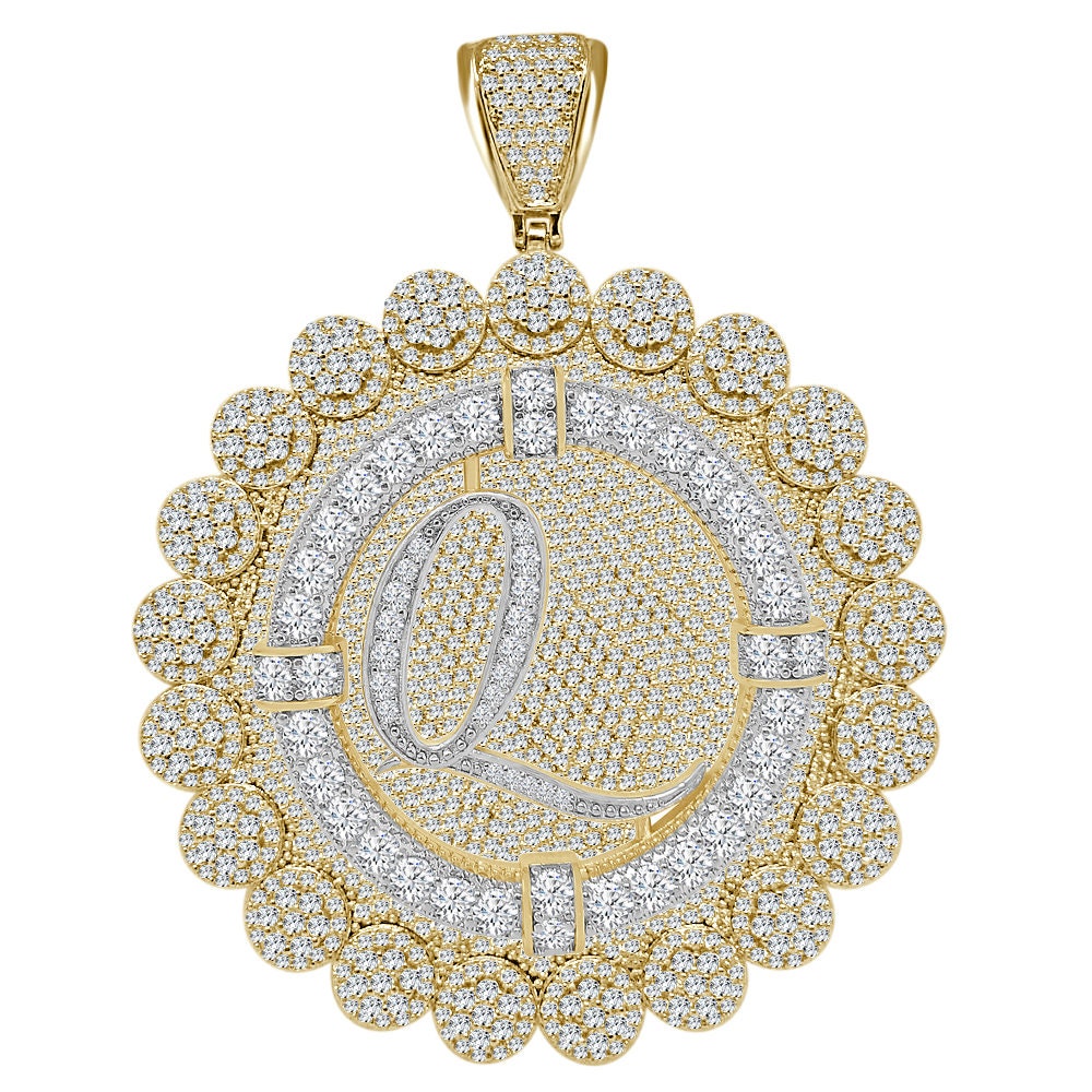 85+ Grams Big Jumbo 3.75'' 8.00 Cwt. Simulated Diamond Cursive Initial Letter Alphabet "Q" Men's Custom Flower Pendant Charm Round Medallion