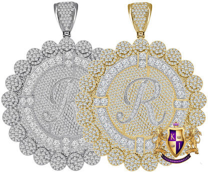 85+ Grams Big Jumbo 3.75'' 8.00 Cwt. Simulated Diamond Cursive Initial Letter Alphabet "R" Men's Custom Flower Pendant Charm Round Medallion