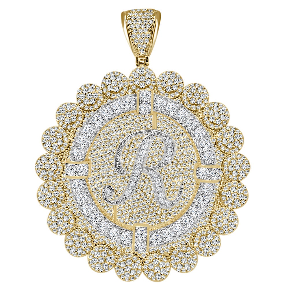 85+ Grams Big Jumbo 3.75'' 8.00 Cwt. Simulated Diamond Cursive Initial Letter Alphabet "R" Men's Custom Flower Pendant Charm Round Medallion