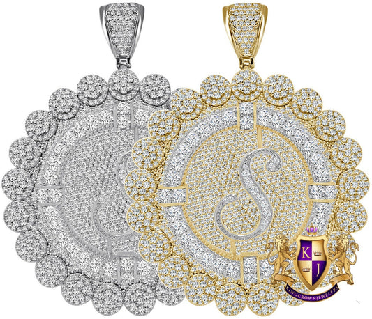 85+ Grams Big Jumbo 3.75'' 8.00 Cwt. Simulated Diamond Cursive Initial Letter Alphabet "S" Men's Custom Flower Pendant Charm Round Medallion