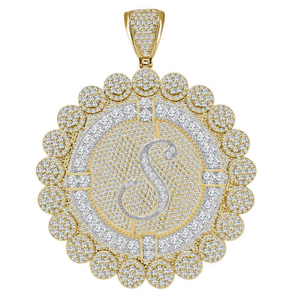 85+ Grams Big Jumbo 3.75'' 8.00 Cwt. Simulated Diamond Cursive Initial Letter Alphabet "S" Men's Custom Flower Pendant Charm Round Medallion